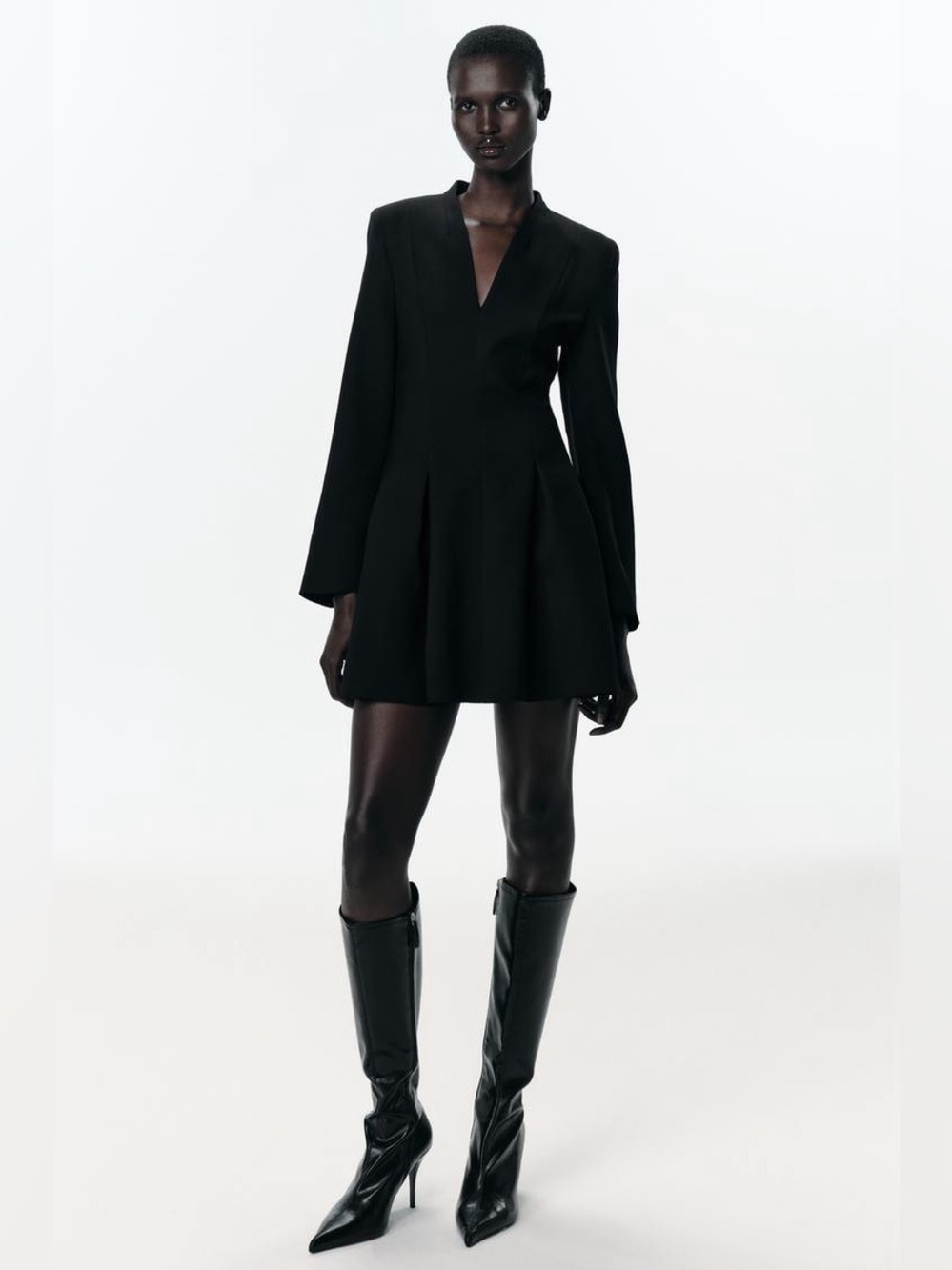 NWT. Zara Black V-neck Pleated Mini Dress with Shoulder Pads. Size S.